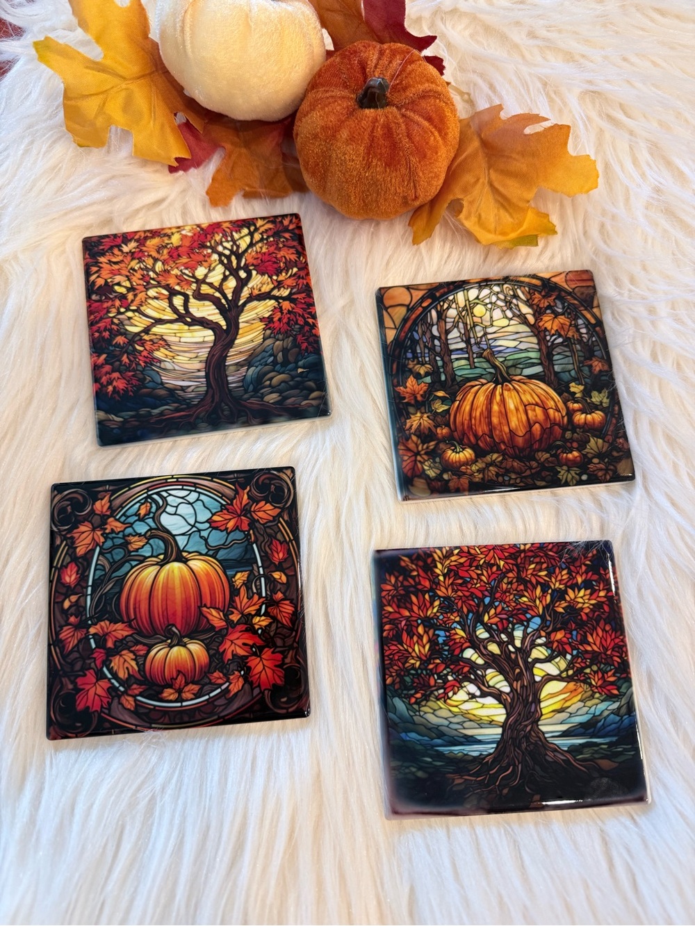 Autumn Harvest Fall Coaster Set - Orange & Brown Seasonal Home Art